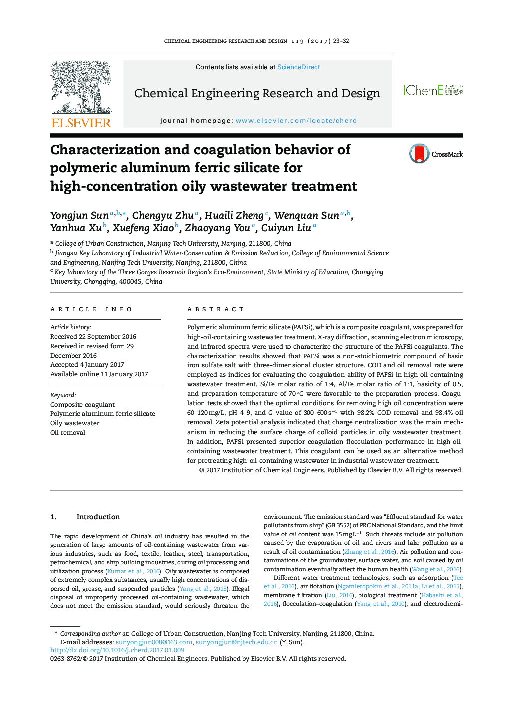 Characterization and coagulation behavior of polymeric aluminum ferric silicate for high-concentration oily wastewater treatment