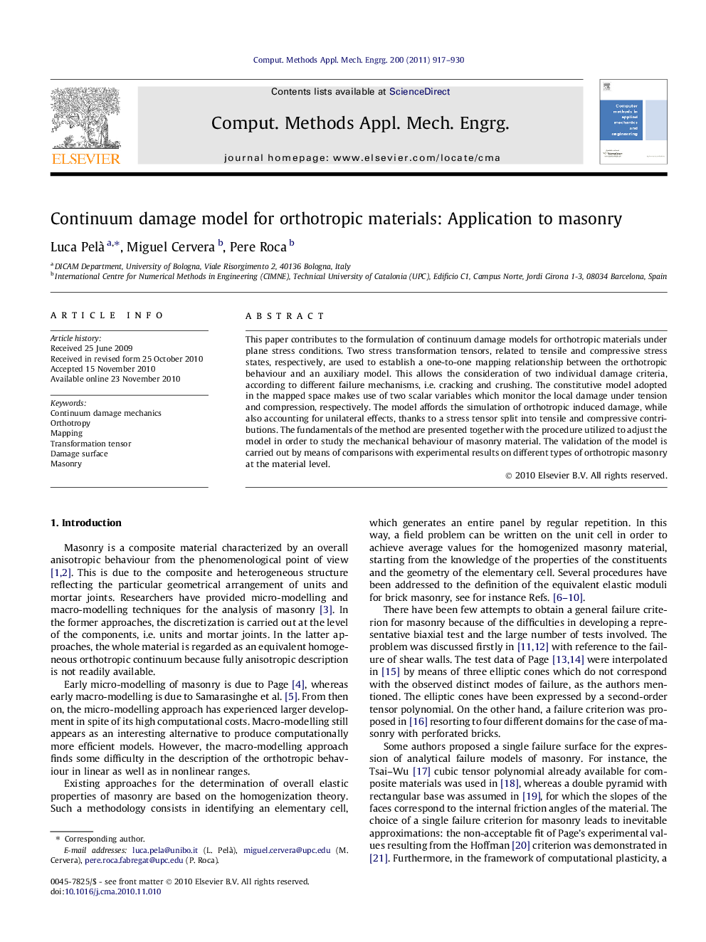 Continuum damage model for orthotropic materials: Application to masonry