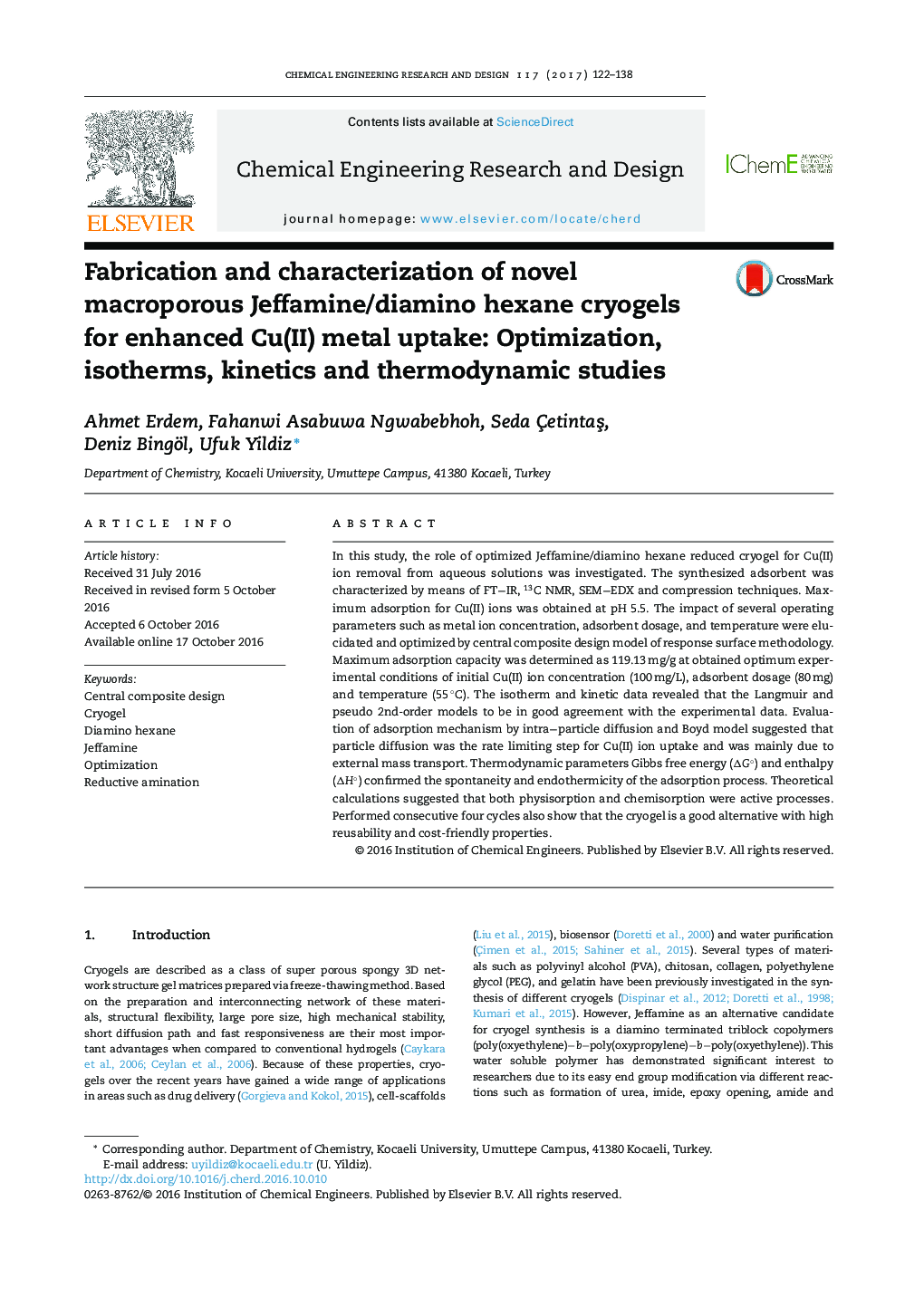 Fabrication and characterization of novel macroporous Jeffamine/diamino hexane cryogels for enhanced Cu(II) metal uptake: Optimization, isotherms, kinetics and thermodynamic studies