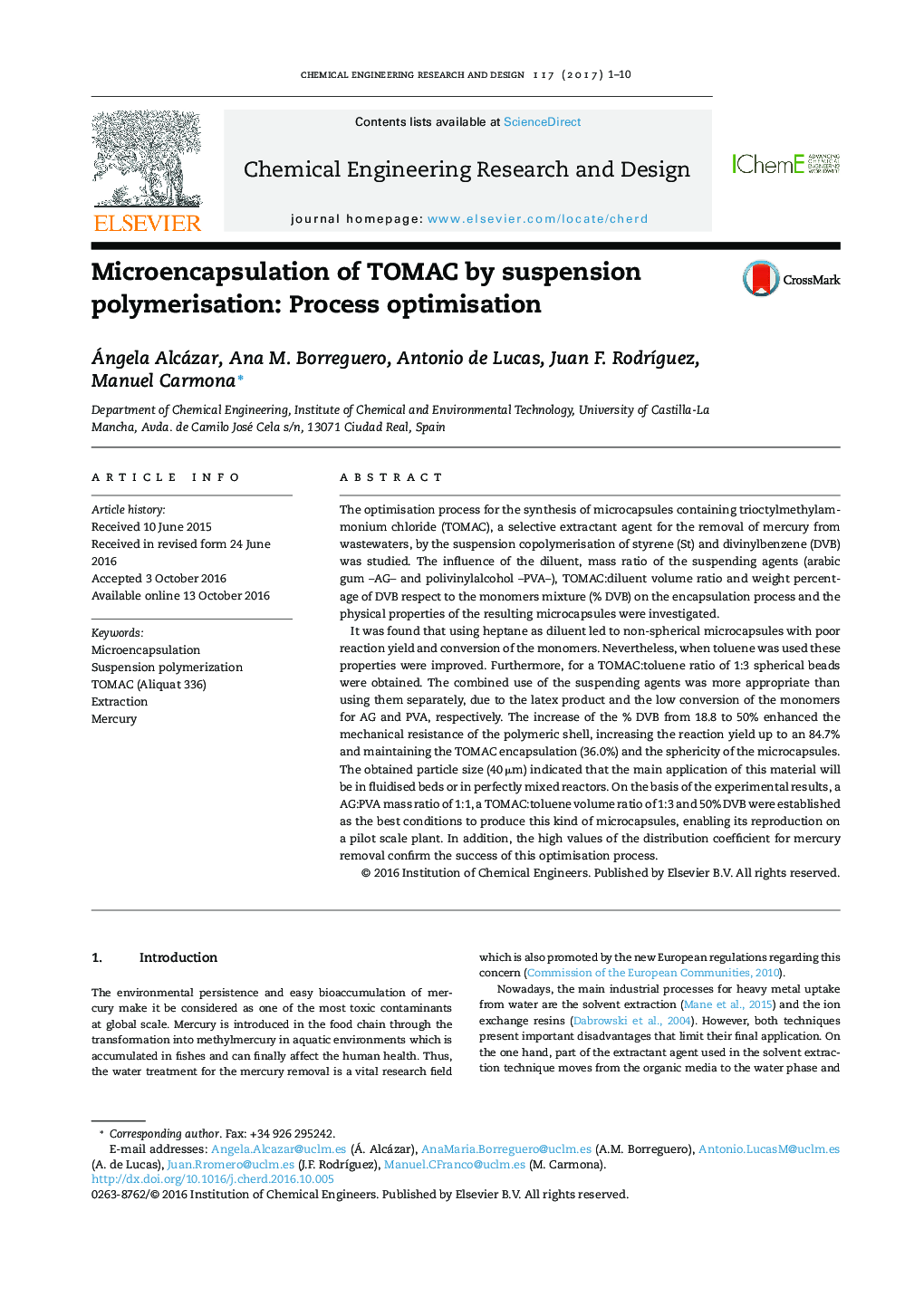 Microencapsulation of TOMAC by suspension polymerisation: Process optimisation