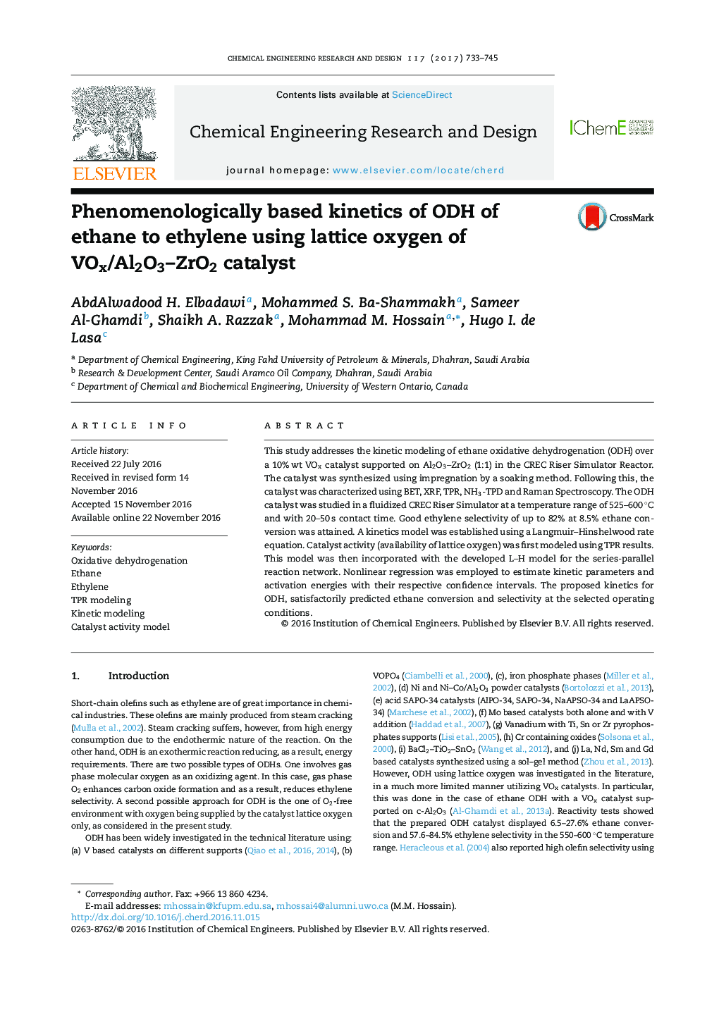 Phenomenologically based kinetics of ODH of ethane to ethylene using lattice oxygen of VOx/Al2O3-ZrO2 catalyst