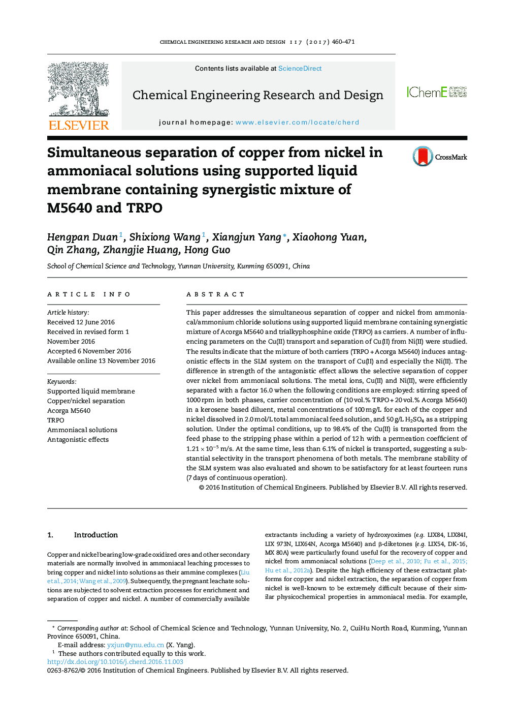Simultaneous separation of copper from nickel in ammoniacal solutions using supported liquid membrane containing synergistic mixture of M5640 and TRPO