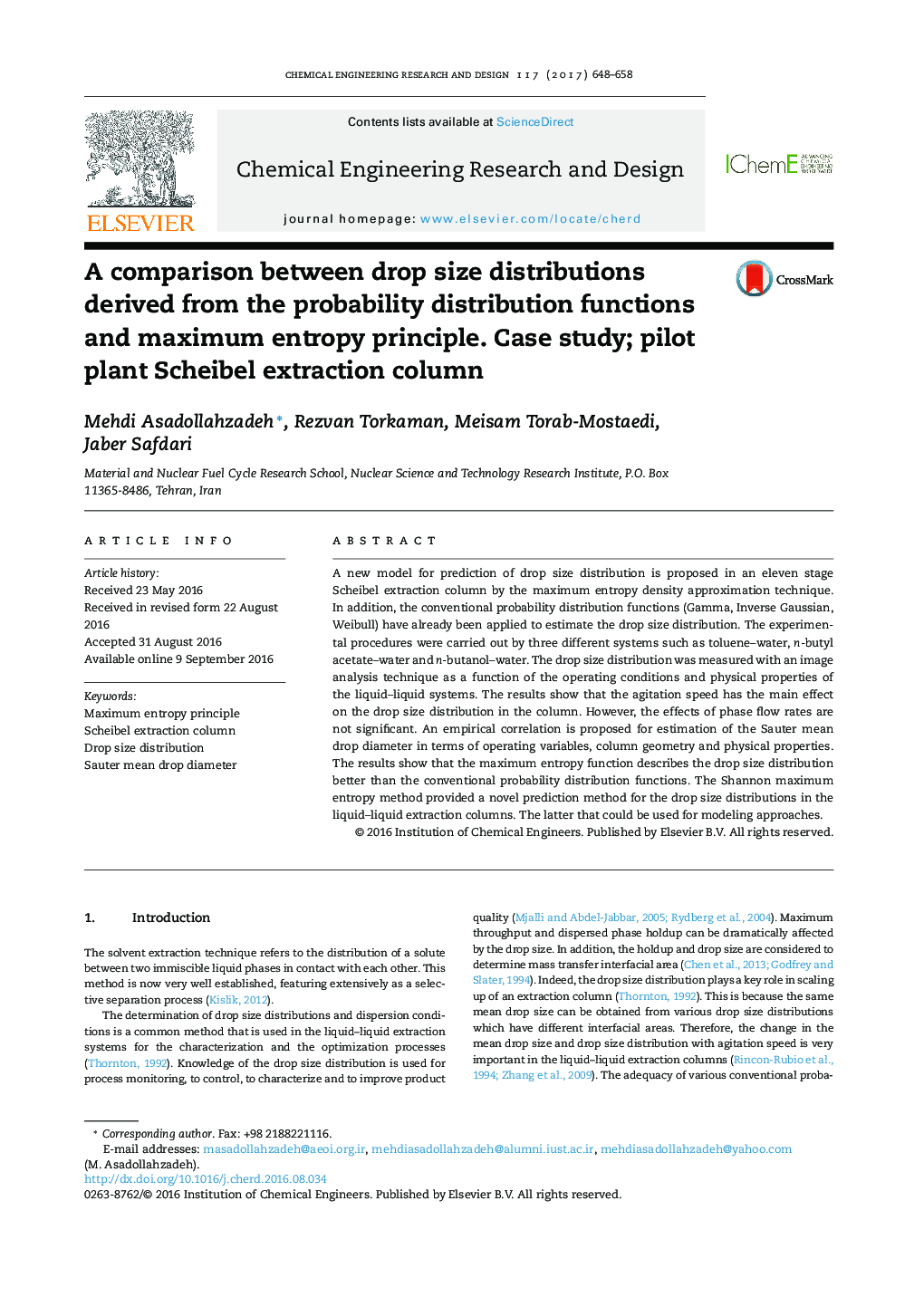 A comparison between drop size distributions derived from the probability distribution functions and maximum entropy principle. Case study; pilot plant Scheibel extraction column