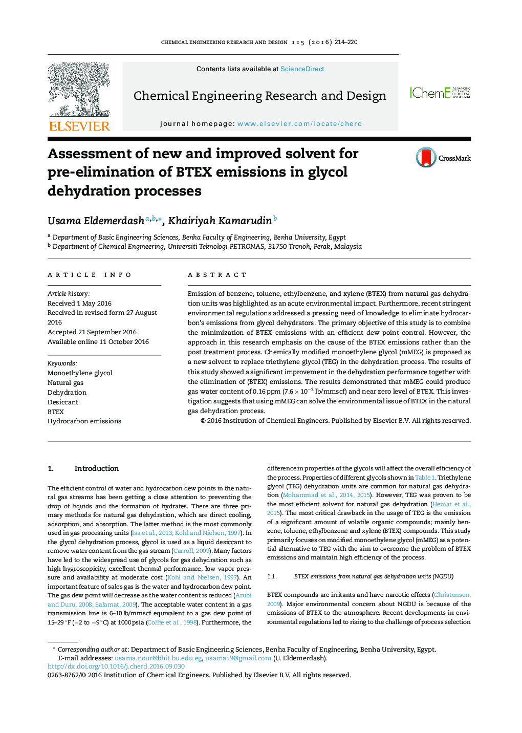 Assessment of new and improved solvent for pre-elimination of BTEX emissions in glycol dehydration processes