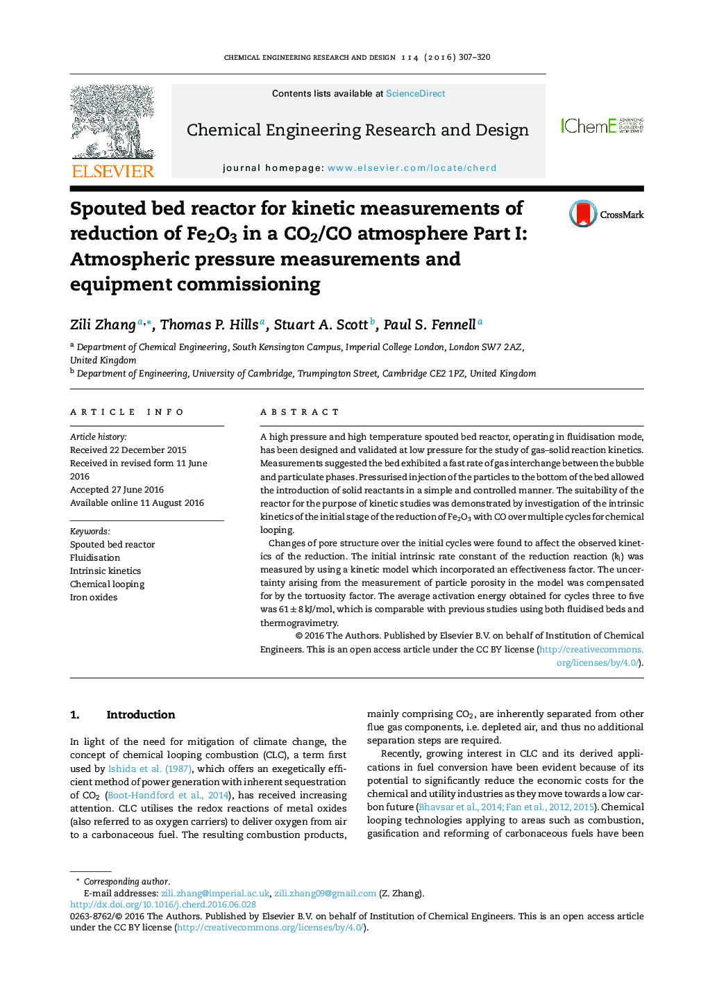 Spouted bed reactor for kinetic measurements of reduction of Fe2O3 in a CO2/CO atmosphere Part I: Atmospheric pressure measurements and equipment commissioning