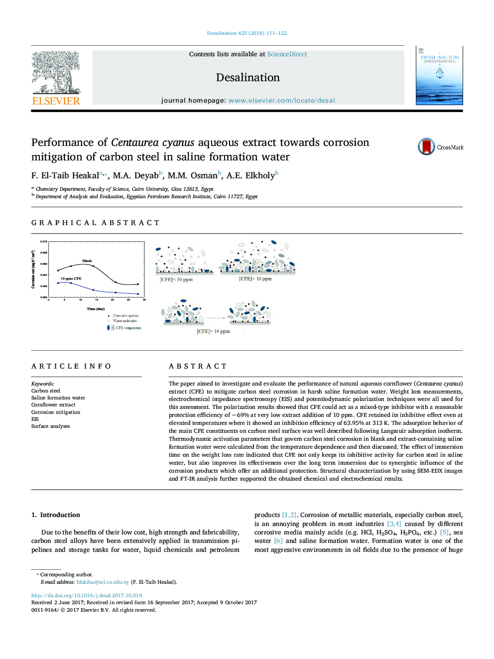 Performance of Centaurea cyanus aqueous extract towards corrosion mitigation of carbon steel in saline formation water