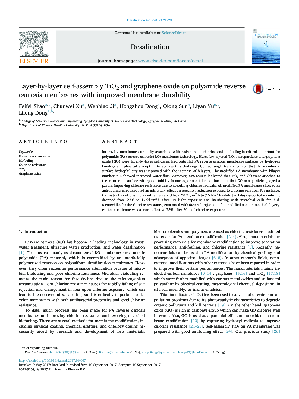 Layer-by-layer self-assembly TiO2 and graphene oxide on polyamide reverse osmosis membranes with improved membrane durability