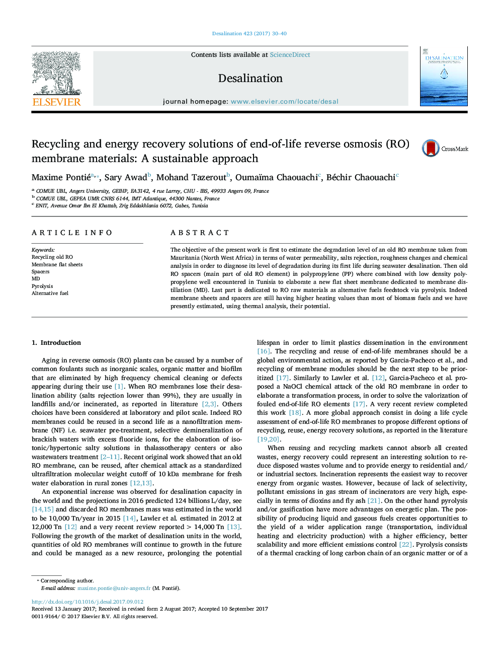 Recycling and energy recovery solutions of end-of-life reverse osmosis (RO) membrane materials: A sustainable approach