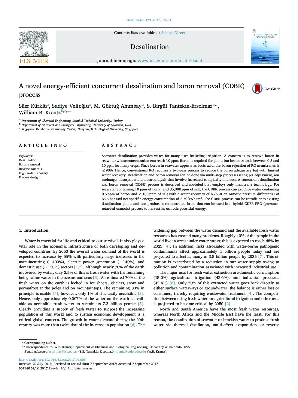 A novel energy-efficient concurrent desalination and boron removal (CDBR) process