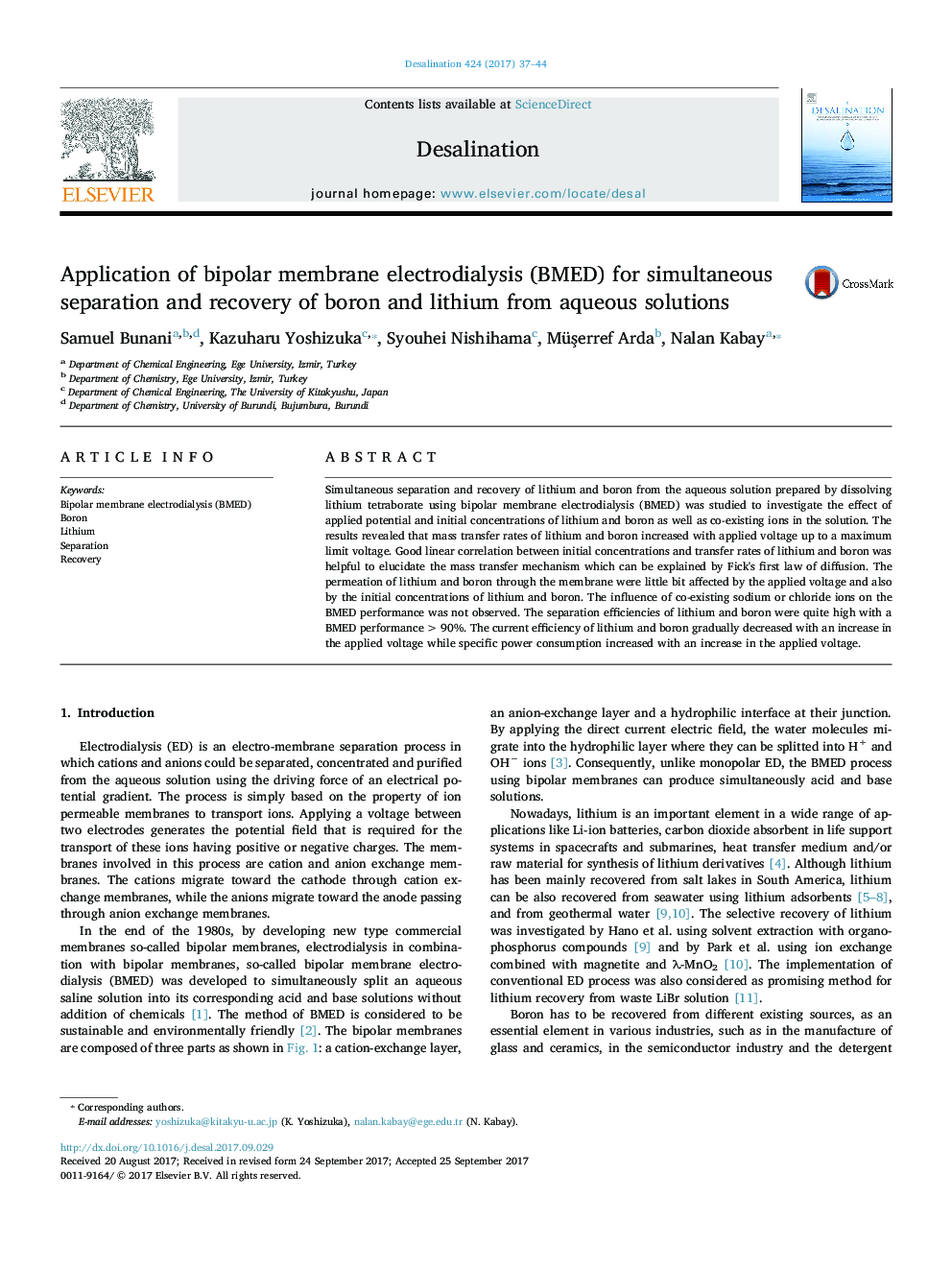 Application of bipolar membrane electrodialysis (BMED) for simultaneous separation and recovery of boron and lithium from aqueous solutions