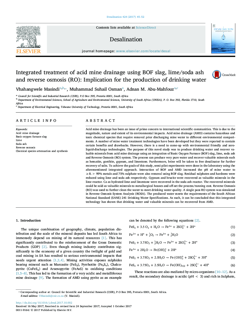 Integrated treatment of acid mine drainage using BOF slag, lime/soda ash and reverse osmosis (RO): Implication for the production of drinking water