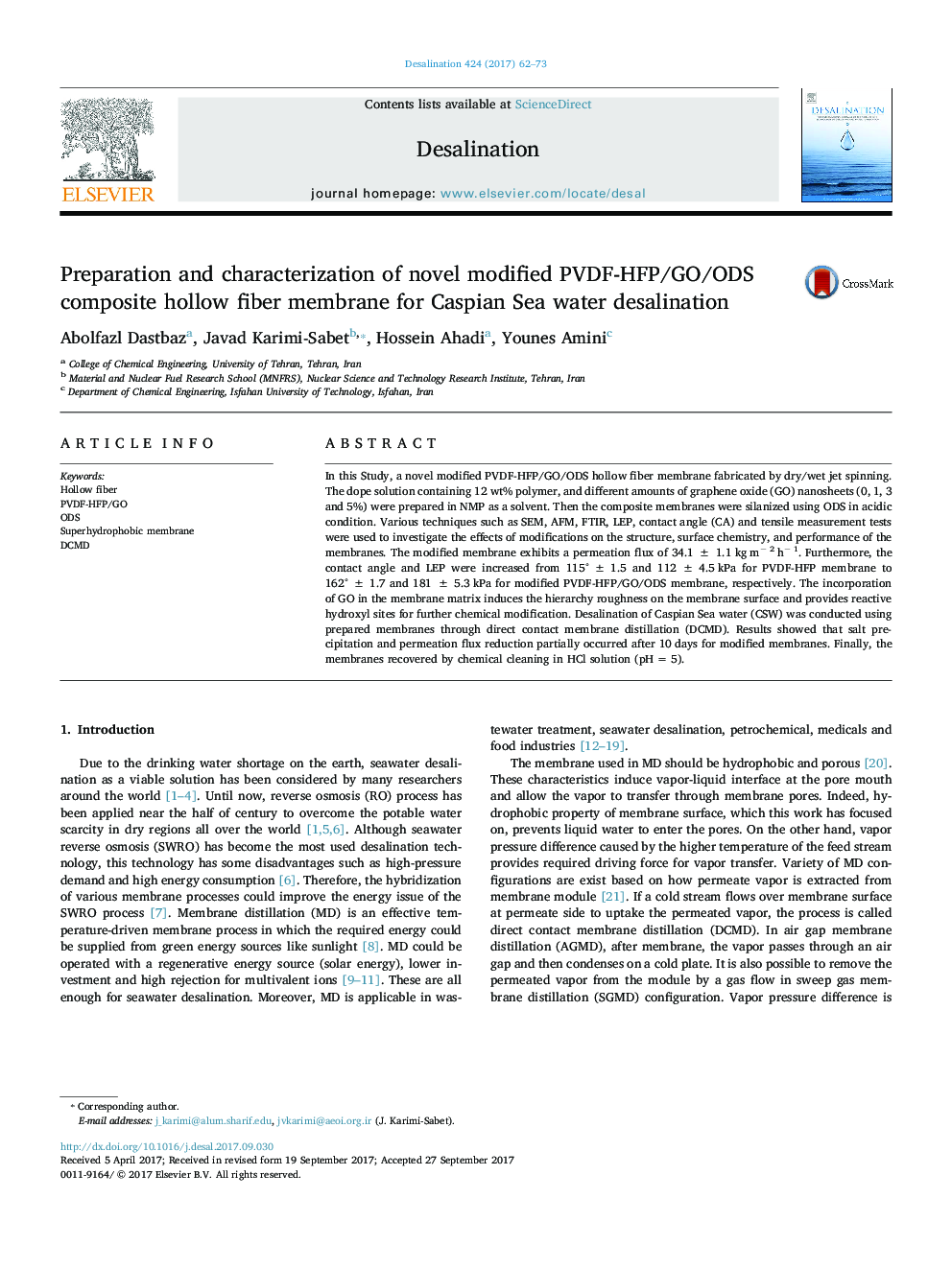 Preparation and characterization of novel modified PVDF-HFP/GO/ODS composite hollow fiber membrane for Caspian Sea water desalination