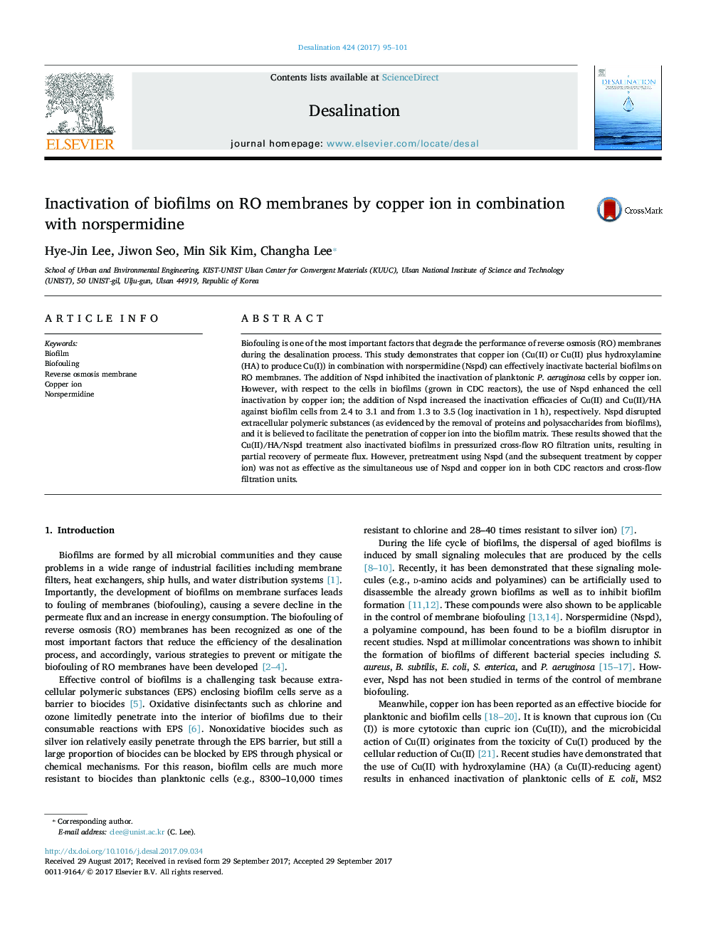 Inactivation of biofilms on RO membranes by copper ion in combination with norspermidine