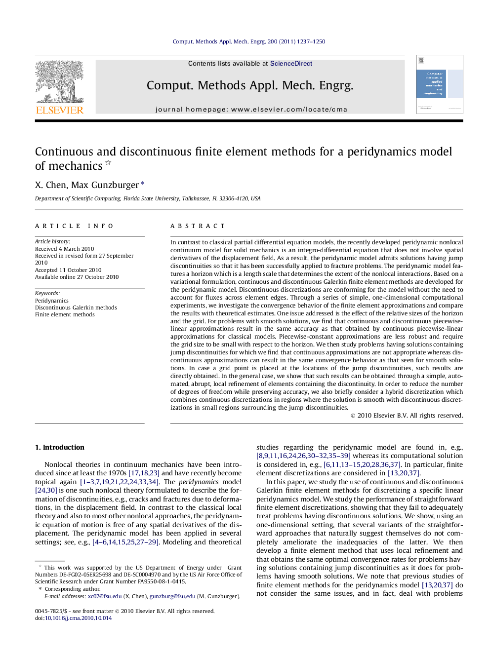 Continuous and discontinuous finite element methods for a peridynamics model of mechanics 