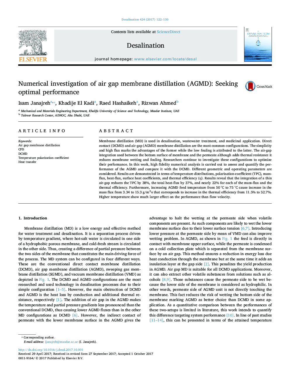 Numerical investigation of air gap membrane distillation (AGMD): Seeking optimal performance