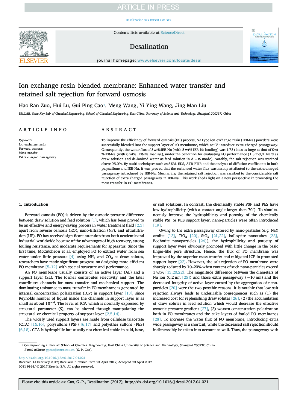 Ion exchange resin blended membrane: Enhanced water transfer and retained salt rejection for forward osmosis