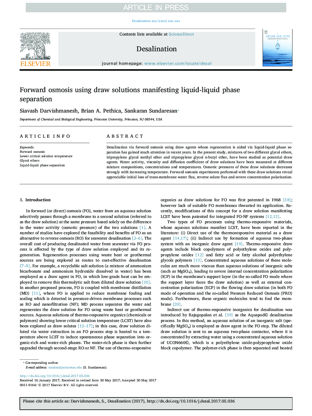 Forward osmosis using draw solutions manifesting liquid-liquid phase separation