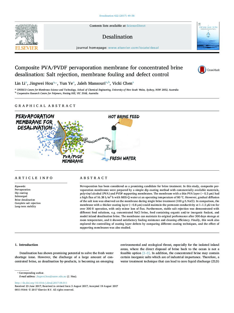 Composite PVA/PVDF pervaporation membrane for concentrated brine desalination: Salt rejection, membrane fouling and defect control