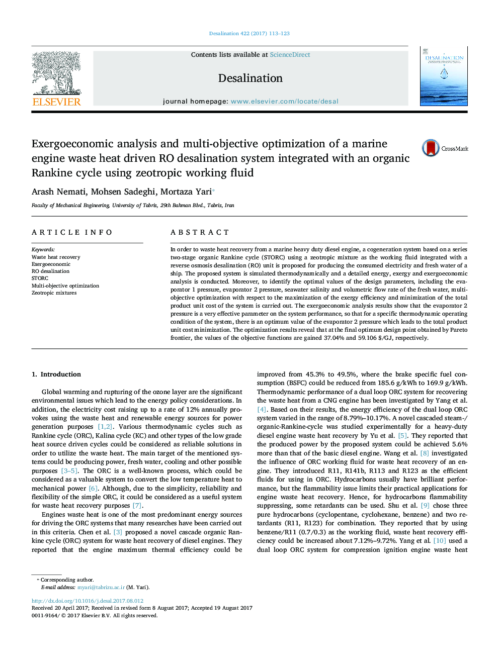 Exergoeconomic analysis and multi-objective optimization of a marine engine waste heat driven RO desalination system integrated with an organic Rankine cycle using zeotropic working fluid