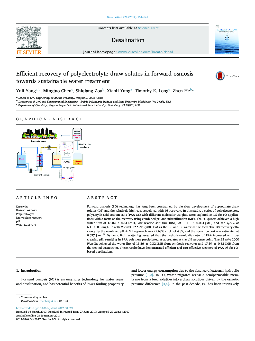 Efficient recovery of polyelectrolyte draw solutes in forward osmosis towards sustainable water treatment