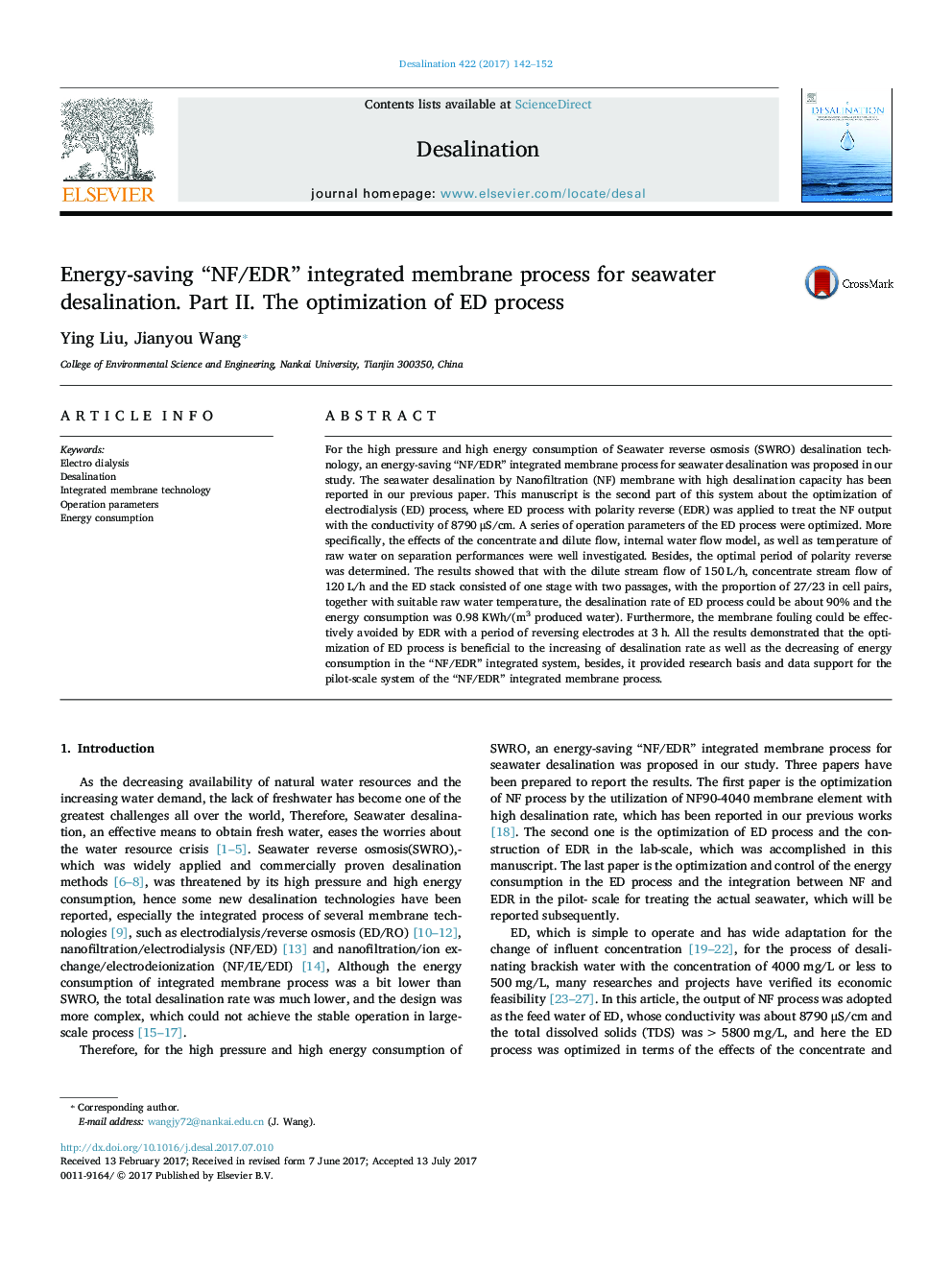 Energy-saving “NF/EDR” integrated membrane process for seawater desalination. Part II. The optimization of ED process