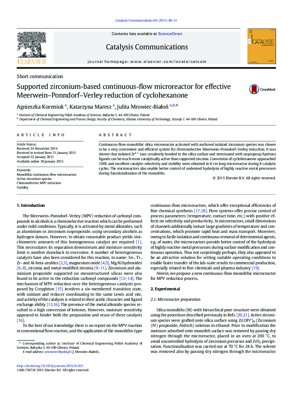 Supported zirconium-based continuous-flow microreactor for effective Meerwein–Ponndorf–Verley reduction of cyclohexanone