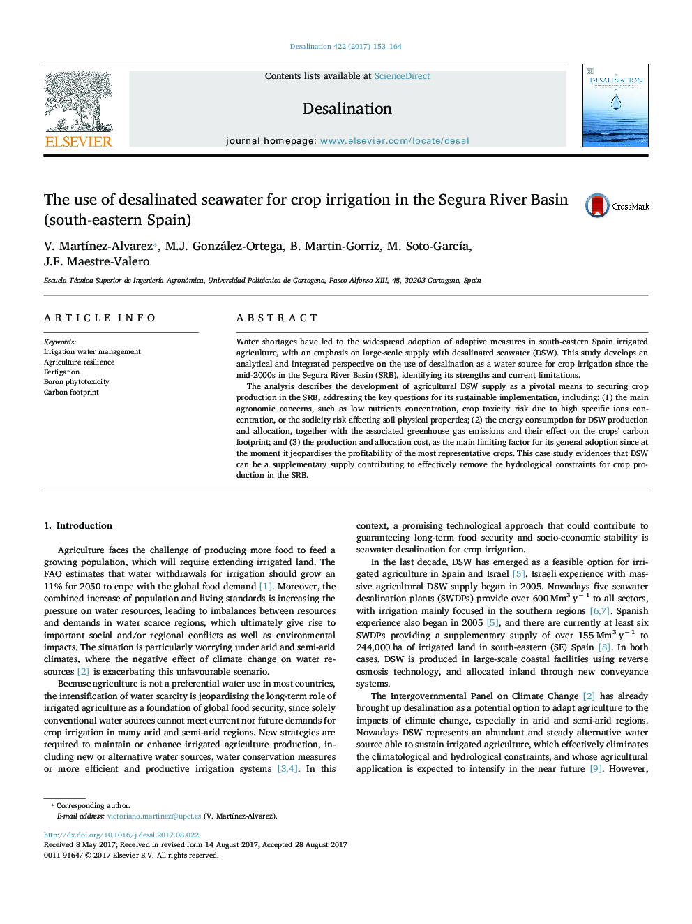 The use of desalinated seawater for crop irrigation in the Segura River Basin (south-eastern Spain)