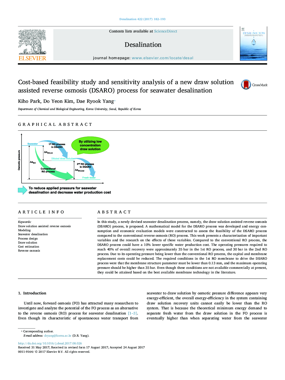Cost-based feasibility study and sensitivity analysis of a new draw solution assisted reverse osmosis (DSARO) process for seawater desalination