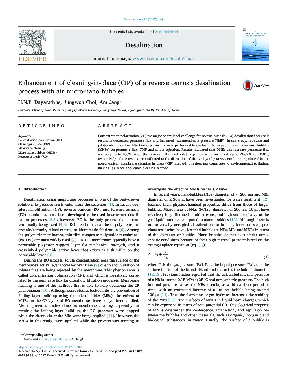 Enhancement of cleaning-in-place (CIP) of a reverse osmosis desalination process with air micro-nano bubbles