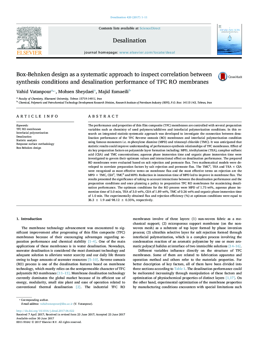 Box-Behnken design as a systematic approach to inspect correlation between synthesis conditions and desalination performance of TFC RO membranes