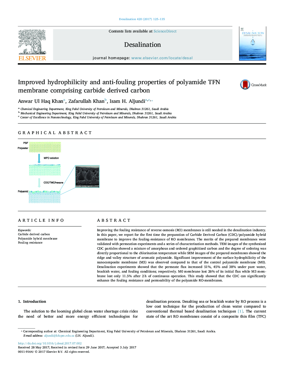 Improved hydrophilicity and anti-fouling properties of polyamide TFN membrane comprising carbide derived carbon