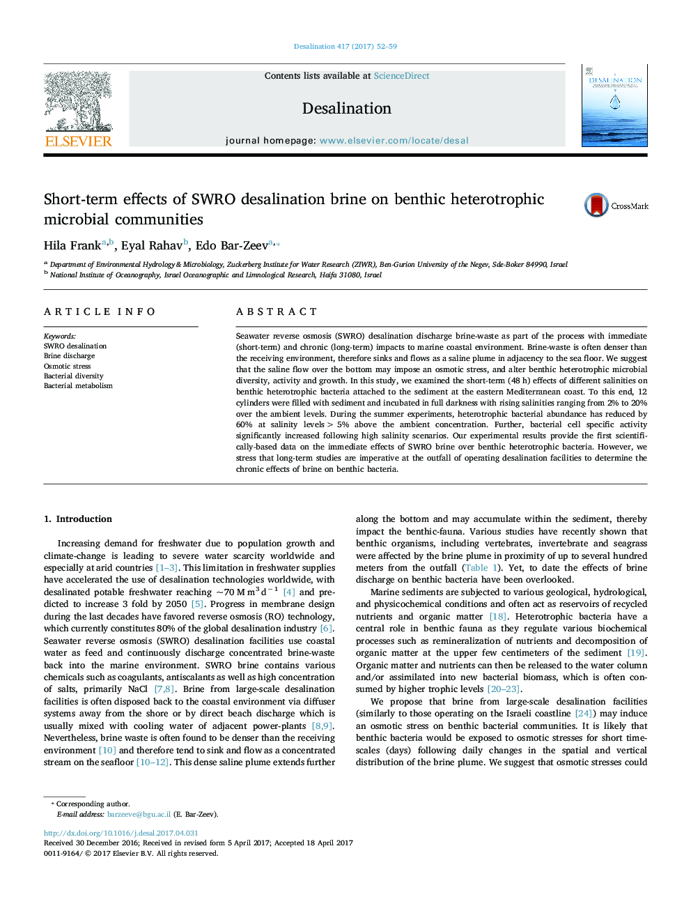 Short-term effects of SWRO desalination brine on benthic heterotrophic microbial communities