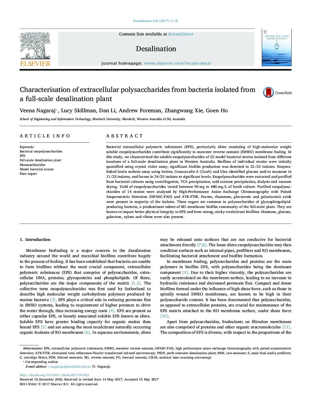 Characterisation of extracellular polysaccharides from bacteria isolated from a full-scale desalination plant