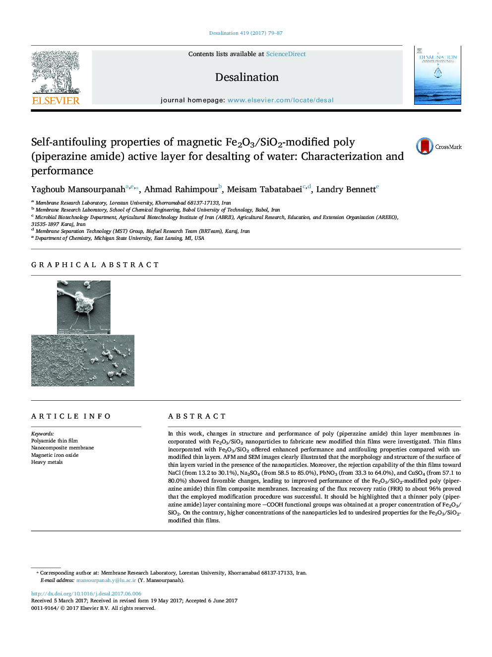 Self-antifouling properties of magnetic Fe2O3/SiO2-modified poly (piperazine amide) active layer for desalting of water: Characterization and performance