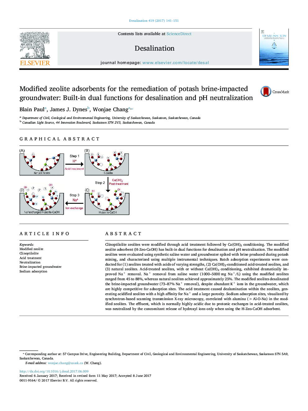 Modified zeolite adsorbents for the remediation of potash brine-impacted groundwater: Built-in dual functions for desalination and pH neutralization