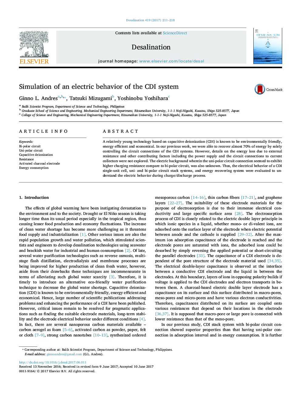 Simulation of an electric behavior of the CDI system