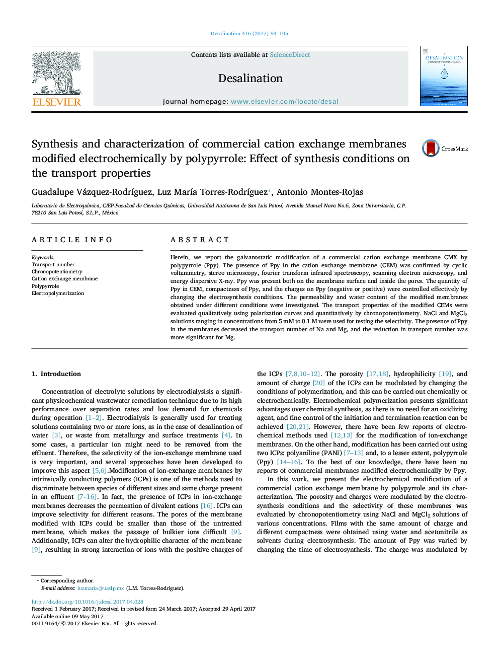 Synthesis and characterization of commercial cation exchange membranes modified electrochemically by polypyrrole: Effect of synthesis conditions on the transport properties