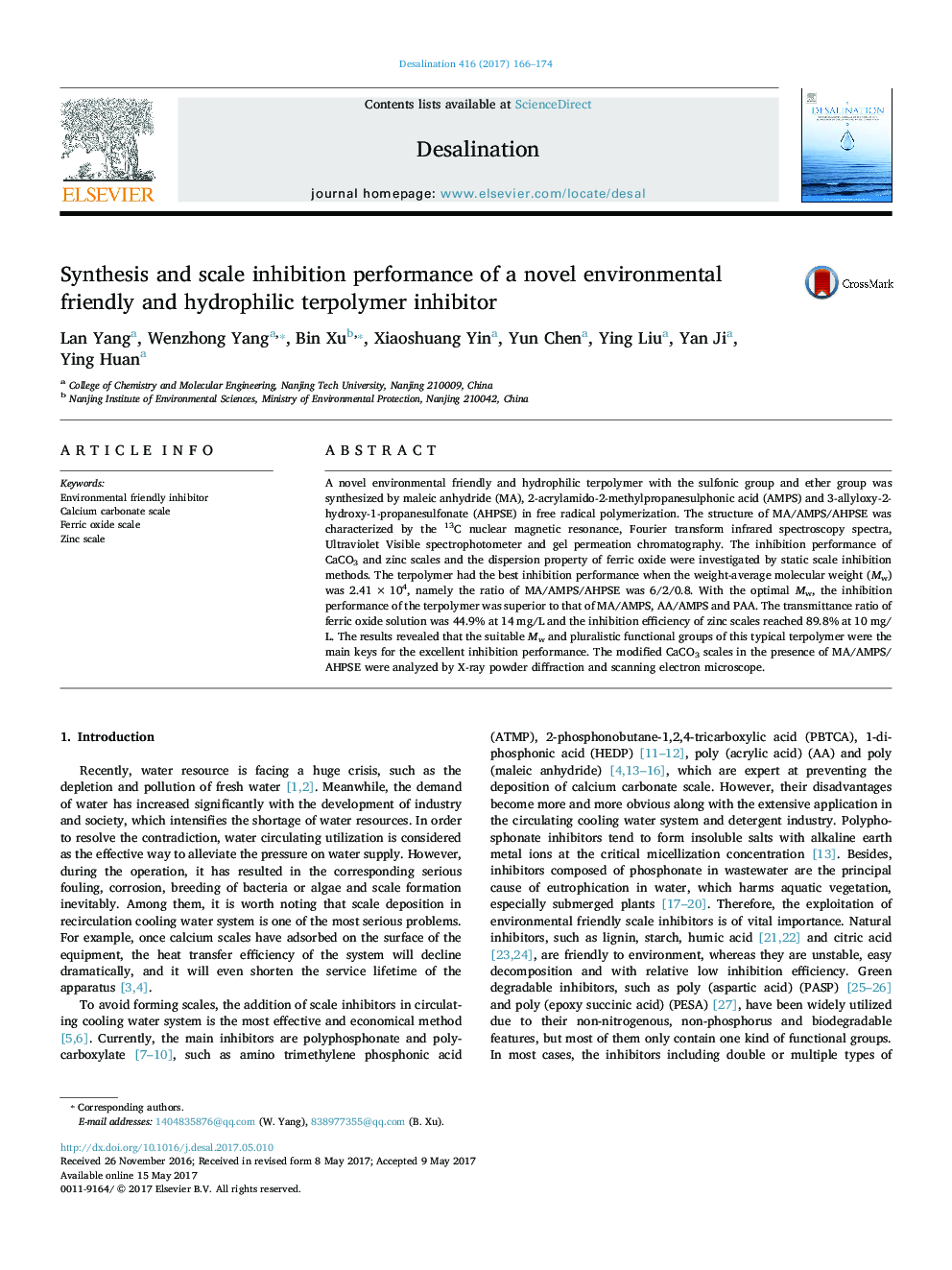 Synthesis and scale inhibition performance of a novel environmental friendly and hydrophilic terpolymer inhibitor