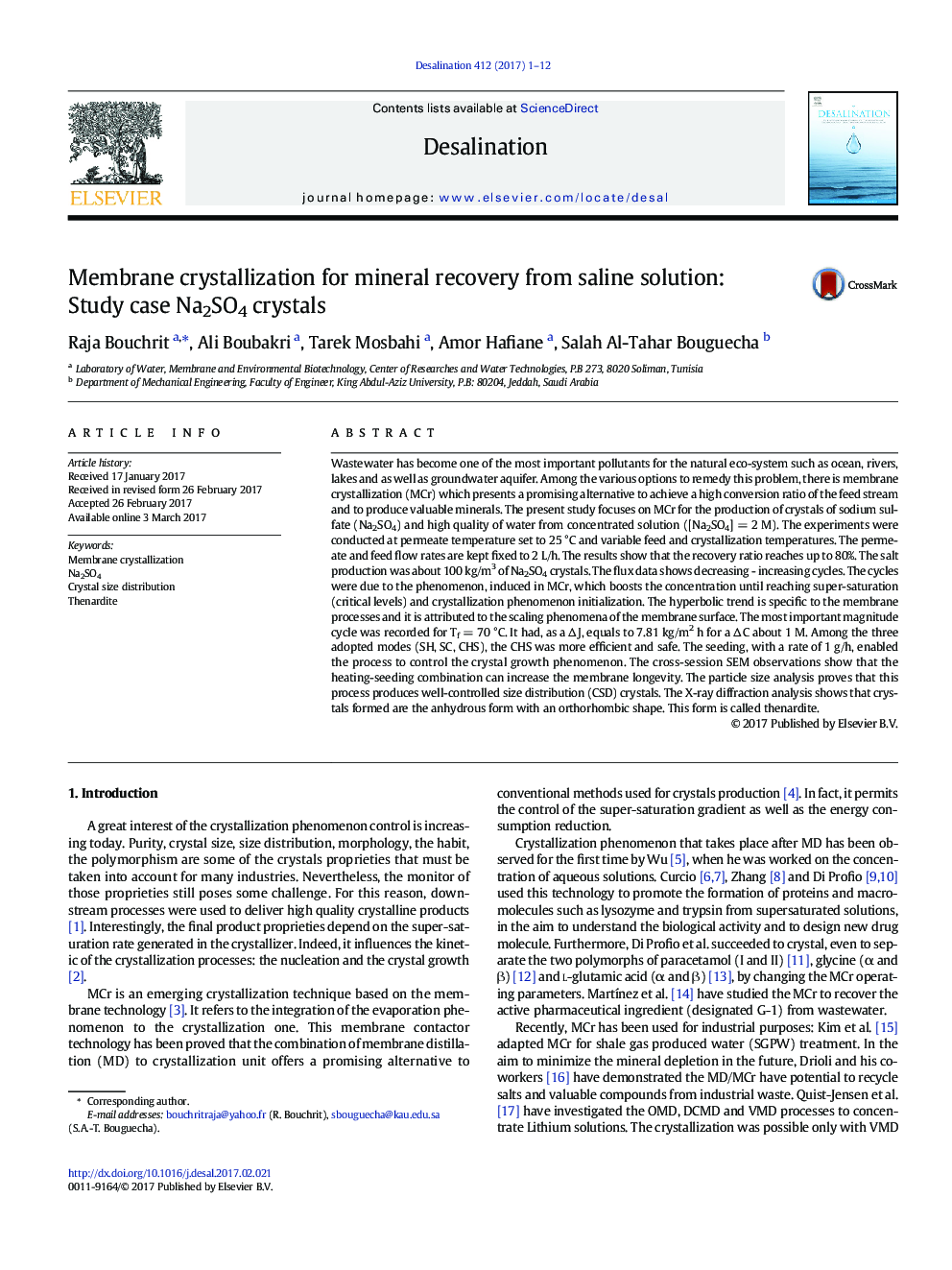 Membrane crystallization for mineral recovery from saline solution: Study case Na2SO4 crystals