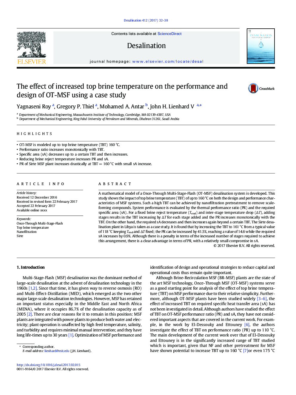 The effect of increased top brine temperature on the performance and design of OT-MSF using a case study