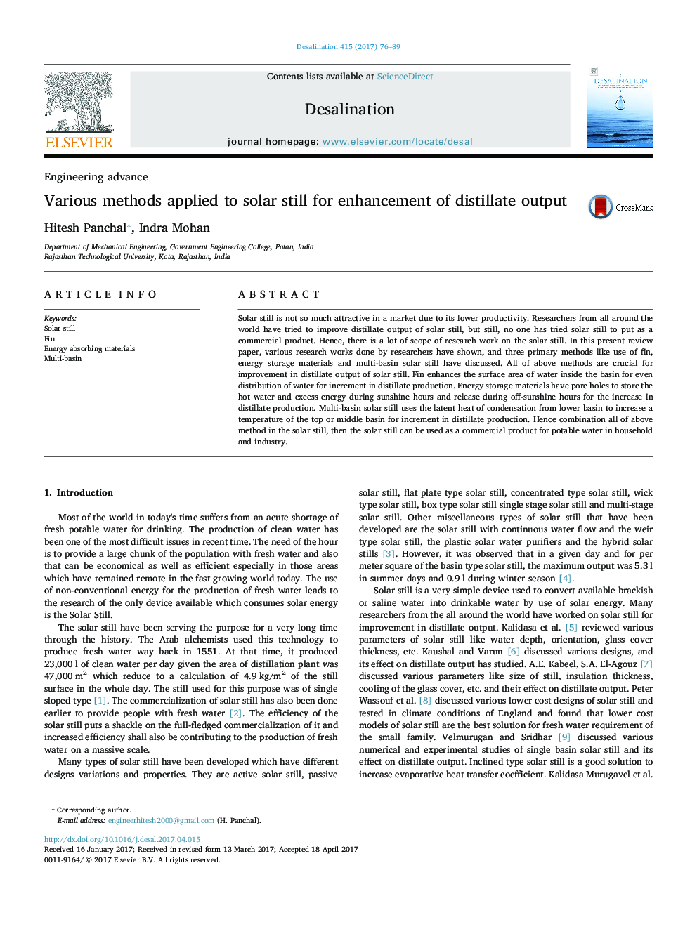 Various methods applied to solar still for enhancement of distillate output