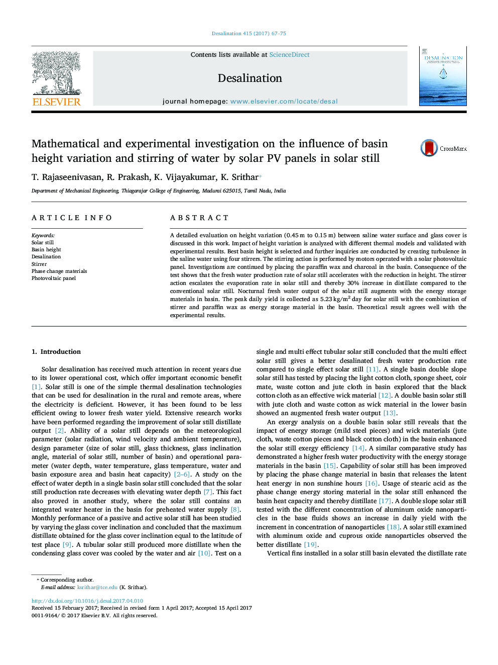 Mathematical and experimental investigation on the influence of basin height variation and stirring of water by solar PV panels in solar still