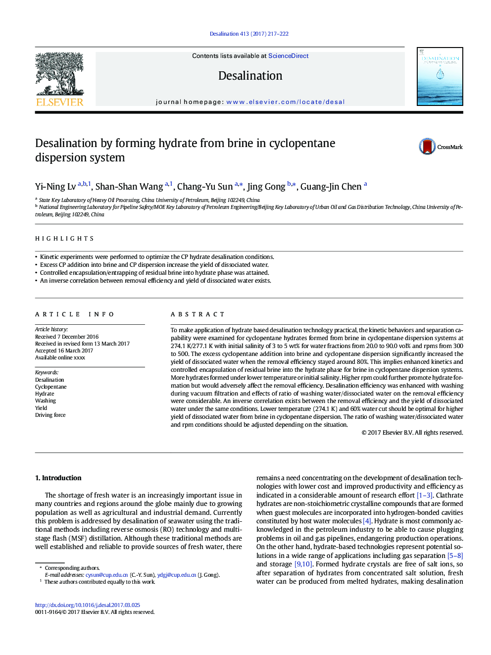 Desalination by forming hydrate from brine in cyclopentane dispersion system