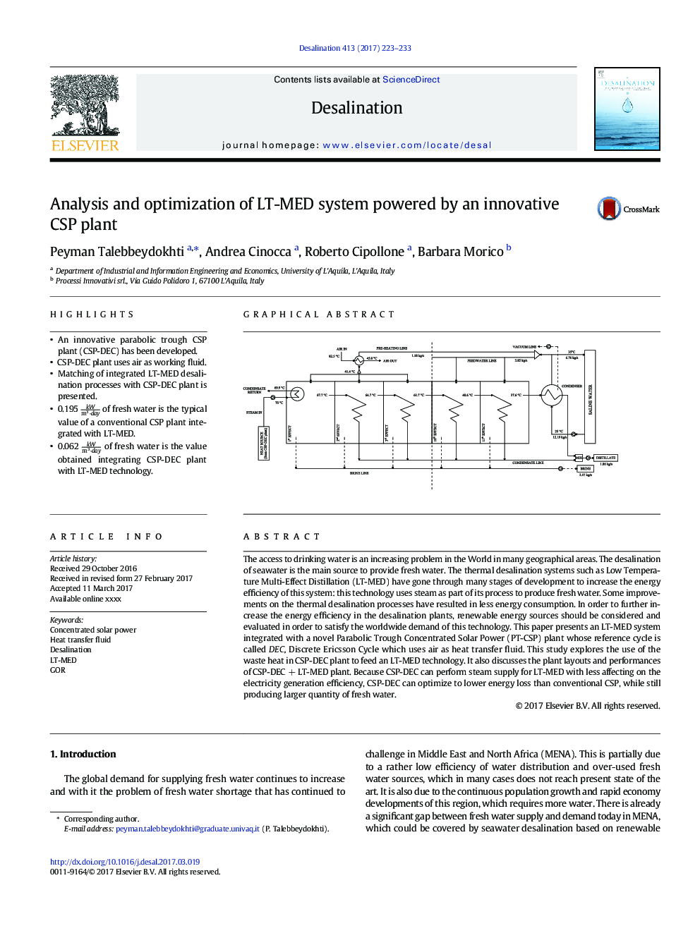 Analysis and optimization of LT-MED system powered by an innovative CSP plant