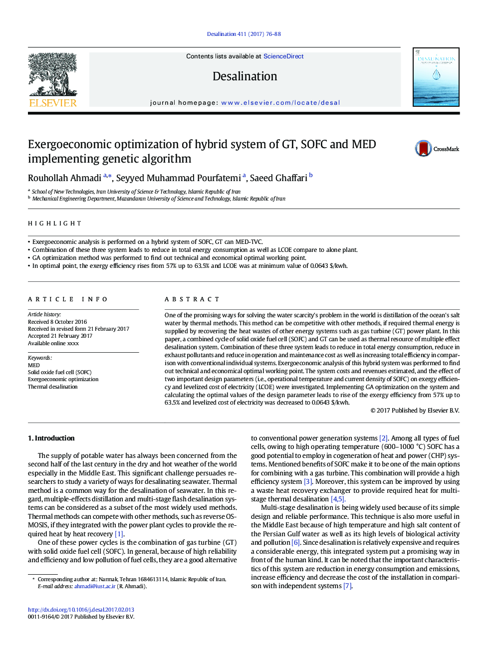 Exergoeconomic optimization of hybrid system of GT, SOFC and MED implementing genetic algorithm
