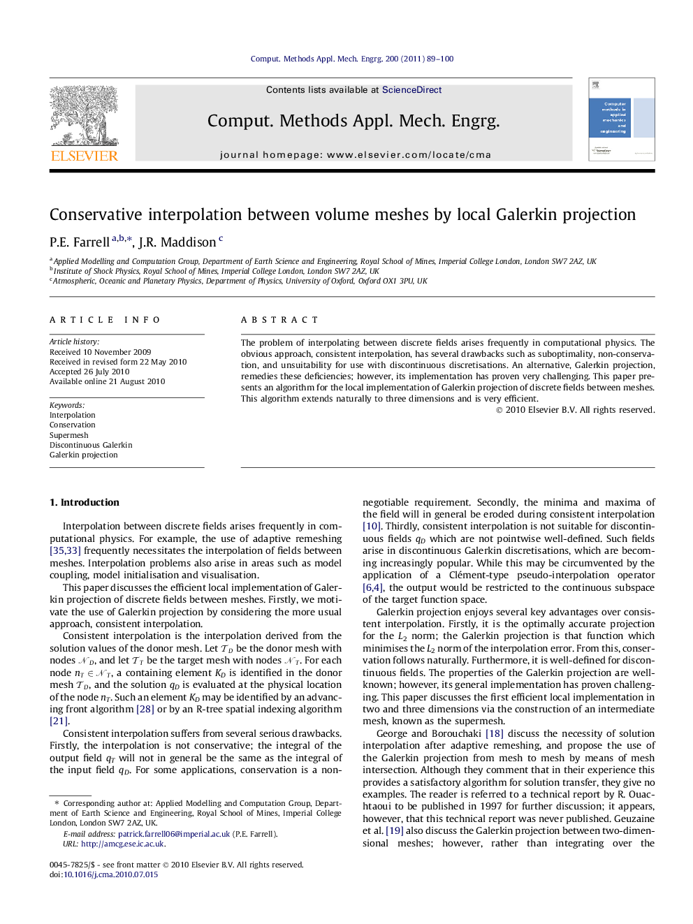 Conservative interpolation between volume meshes by local Galerkin projection