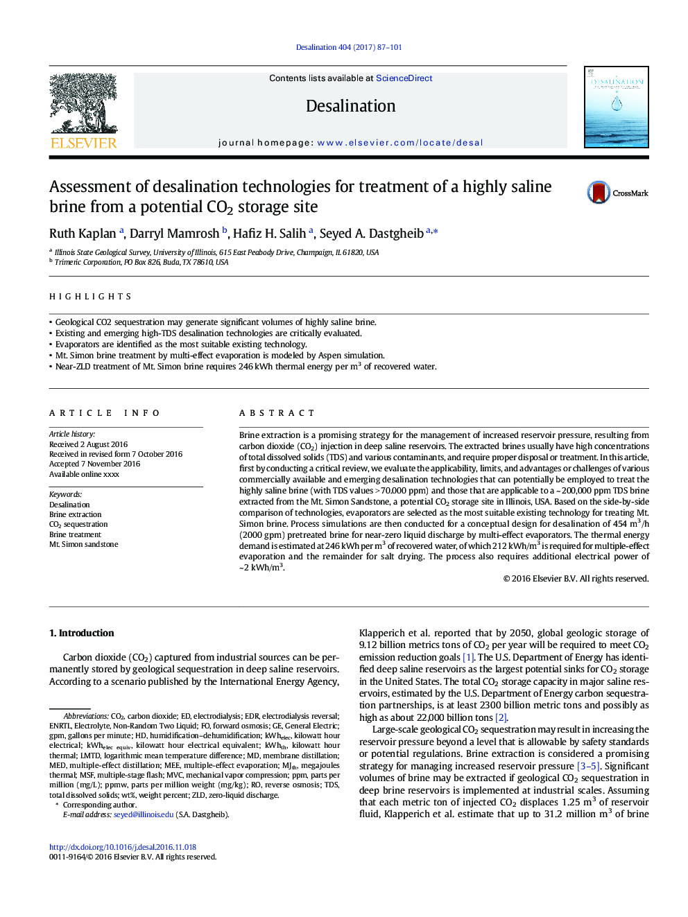 Assessment of desalination technologies for treatment of a highly saline brine from a potential CO2 storage site