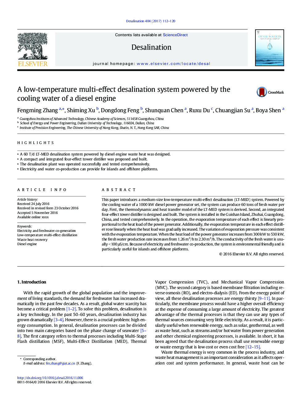 A low-temperature multi-effect desalination system powered by the cooling water of a diesel engine