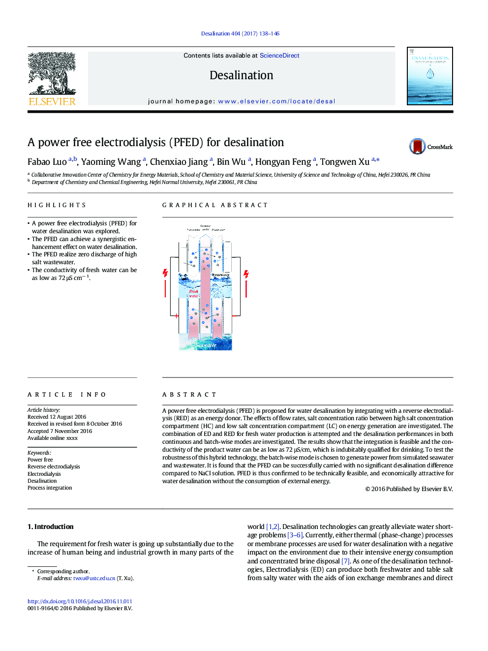 A power free electrodialysis (PFED) for desalination