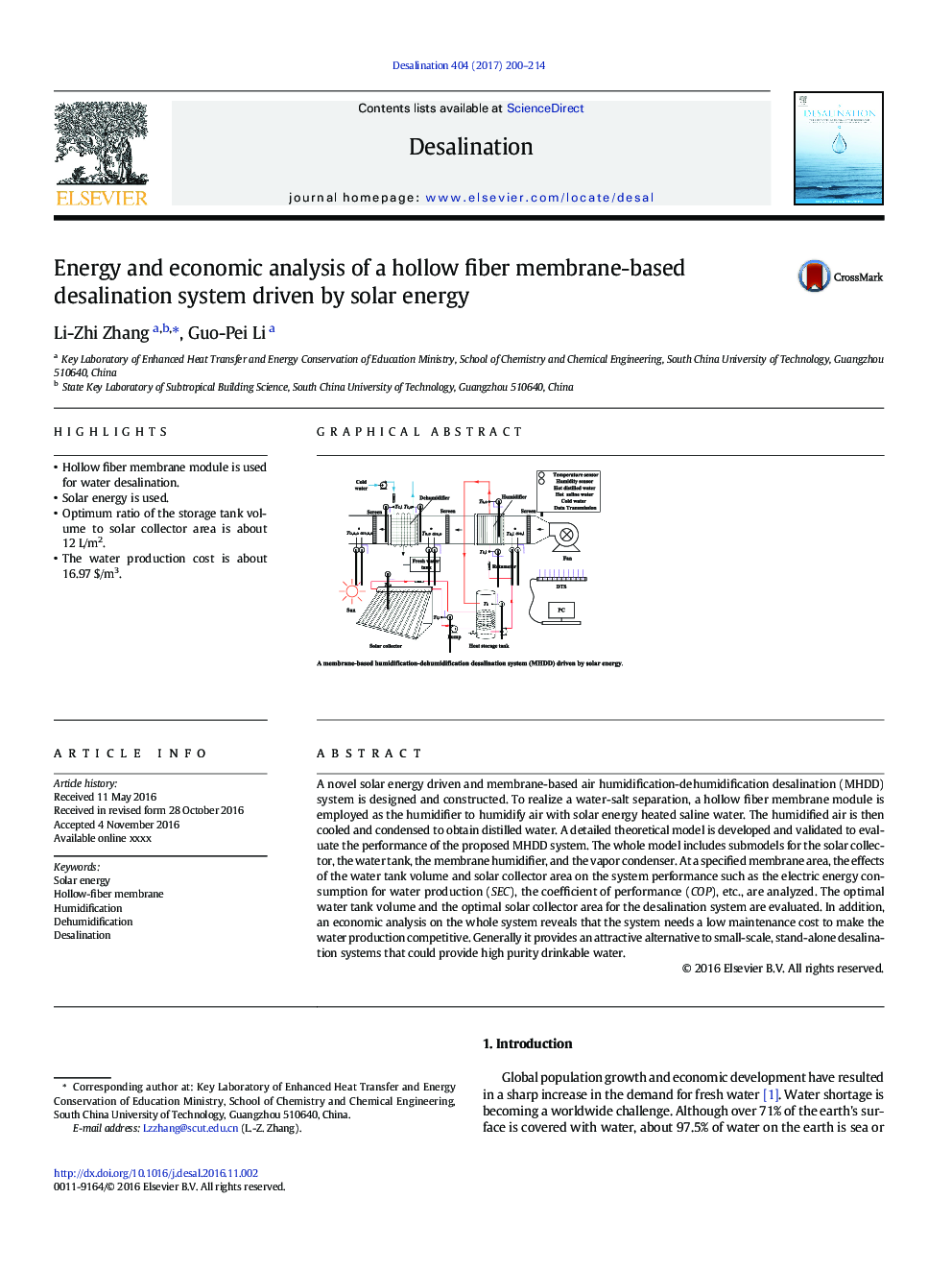 Energy and economic analysis of a hollow fiber membrane-based desalination system driven by solar energy